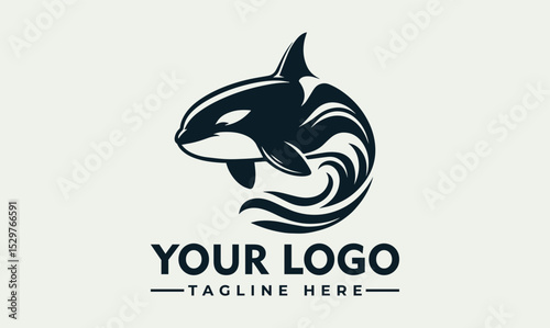 Dynamic black and white illustration of a powerful orca whale leaping energetically above stylized ocean waves. Marine life concept