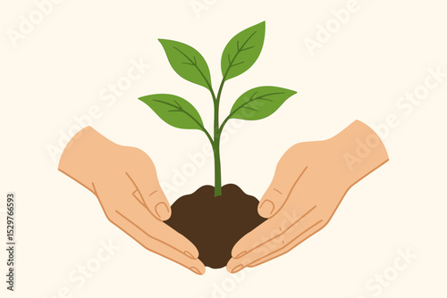 Hands nurturing a plant. Growth concept vector. Human hands holding a green sprout in soil. Metaphor for new life, development, investment, ecology, and sustainability.