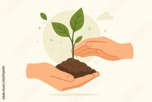 Hands nurturing a plant seedling growing in soil. Concept of new life, growth, and development. Metaphor for business startup, investment, environmental care, and sustainability.