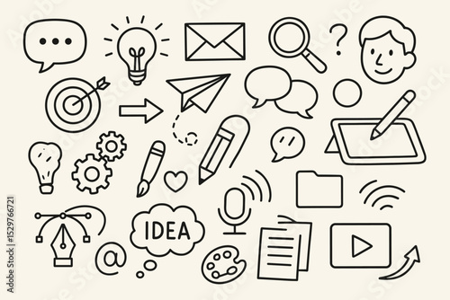 Set of hand drawn doodle icons. Business and creative process symbols. Communication, technology, and marketing elements. Lightbulb idea, target goal for web and app design.