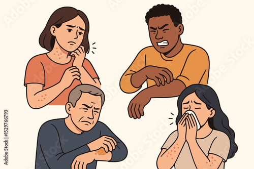 Diverse people suffering from itchy skin and allergies. Characters scratching red rash. Concept for dermatitis, eczema, hives, skin irritation, psoriasis, and hay fever.