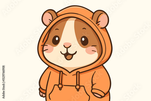 Cute guinea pig character in an orange hoodie. Kawaii cartoon animal mascot illustration for kids. Adorable happy smiling rodent pet in fashion sweatshirt vector graphic isolated.
