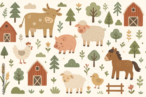 Cute Scandinavian farm animals pattern. Vector collection with cartoon cow, pig, sheep, horse, and barn. Rustic nursery illustration for kids. Boho baby decor background.