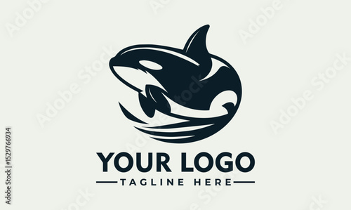 Dynamic black and white illustration of a powerful orca whale leaping energetically above stylized ocean waves. Marine life concept