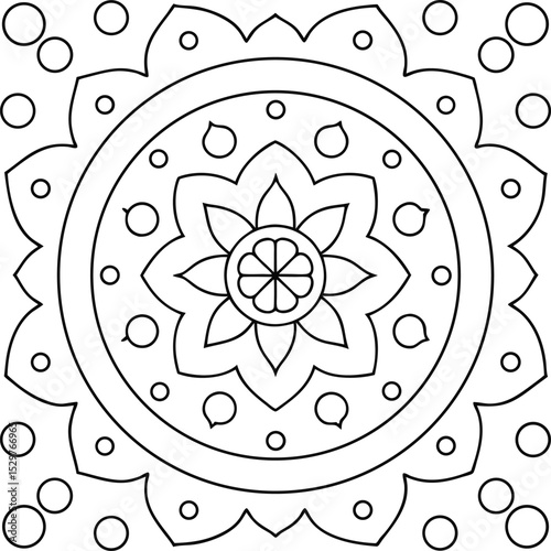 Detailed Mandala Outline Design with Floral Elements and Circle Accents on White