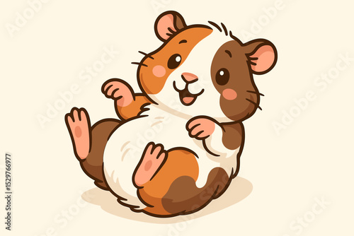 Cute cartoon guinea pig character illustration. Playful happy cavy pet lying on its back. Adorable smiling rodent mascot for kids, veterinary or pet shop. Kawaii vector animal.