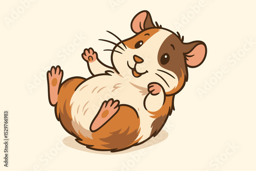 Cute cartoon guinea pig character lying on its back. Adorable playful fat hamster mascot illustration. Happy smiling cavy rodent pet vector for kids design, veterinary clinic, pet shop.