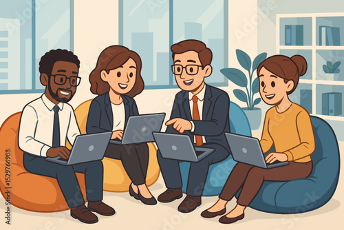 Diverse business team collaboration in a modern office. Happy colleagues working on laptops, brainstorming a project. Cartoon illustration of teamwork, communication, and success.