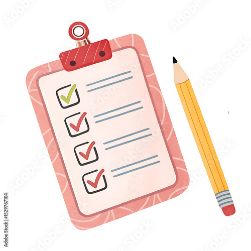 Cute checklist illustration with a pencil demonstrating completed tasks and project progress