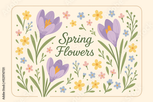 Beautiful spring flowers illustration with purple crocus. Vintage floral greeting card design. Retro botanical banner with blooming wildflowers. Decorative nature vector background.
