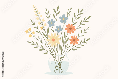 Hand-drawn wildflower bouquet in a glass vase. Summer floral arrangement with colorful flowers and green leaves. Minimalist botanical vector illustration for decoration.