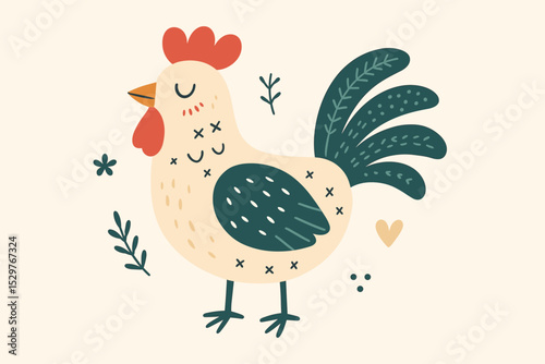 Charming folk art rooster illustration in a cute Scandinavian style. Hand drawn cockerel with decorative elements for kids nursery decor. Whimsical happy farm animal cartoon vector.