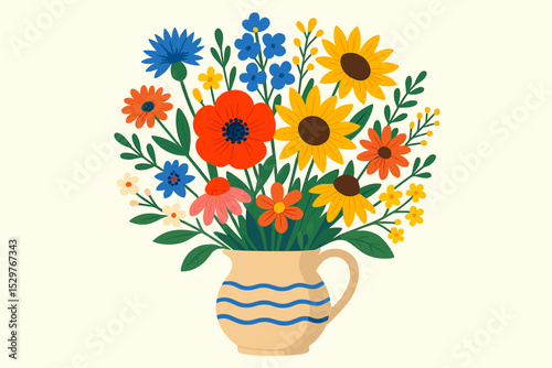 Bouquet of wildflowers in a rustic vase. Colorful summer floral arrangement illustration. Folk art style with meadow flowers like poppy, sunflower, cornflower. Vector graphic.