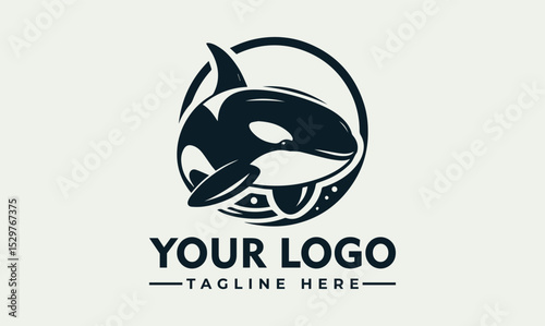 Dynamic black and white illustration of a powerful orca whale leaping energetically above stylized ocean waves. Marine life concept