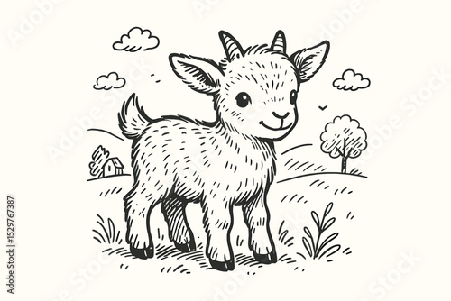 Cute baby goat illustration in a hand-drawn sketch style. Adorable smiling farm animal kid character standing on a rural landscape with a house. Vector line art for coloring book.