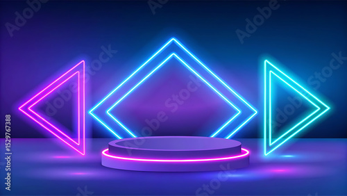 Neon podium stage display with illuminated geometric shapes and vibrant gradient background