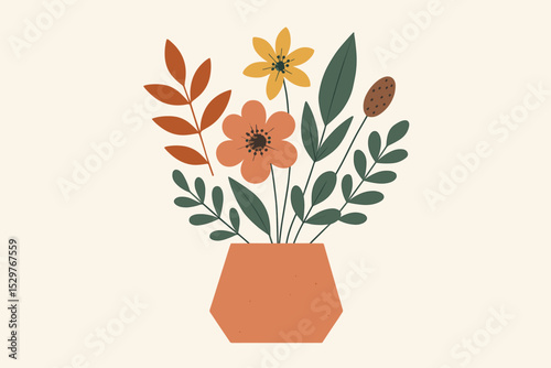 Boho floral bouquet in a geometric terracotta vase. Minimalist flat vector illustration of stylized flowers. Modern Scandi design with retro colors for wall art or greeting card.