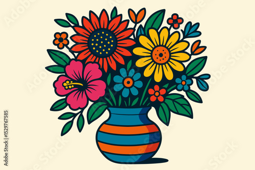 Pop art flower bouquet in a vase vector illustration. Retro 70s groovy floral design. Bold folk art graphic with colorful flowers. Vintage decoration for poster, print or greeting card.