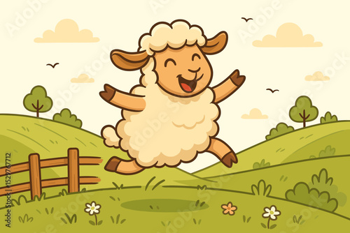 Cute cartoon sheep jumping for joy in a green pasture. Happy lamb frolicking on a farm landscape. Vector illustration character for children, cheerful animal in a summer meadow.
