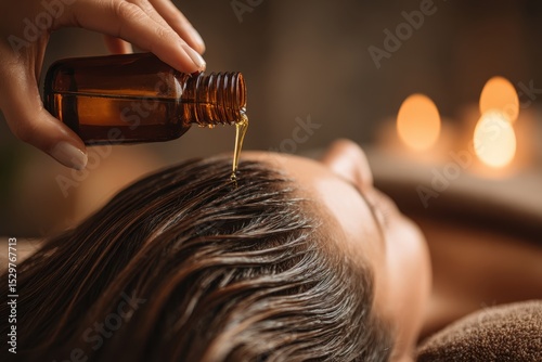 Close-up of a woman receiving a soothing hair oil treatment with aromatic candles, creating a calming atmosphere and promoting relaxation and wellness, natural beauty.