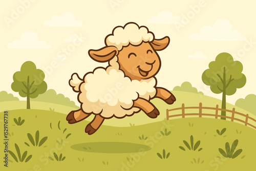Cute cartoon sheep jumping on a green grass meadow. Happy lamb frolicking in a summer farm landscape. Joyful animal character vector illustration for kids. Cheerful countryside scene.