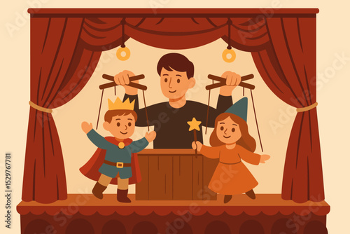 Puppeteer performing with marionettes on a theater stage. Man controlling a prince and wizard puppet show. Childhood entertainment, storytelling, creative hobby vector illustration.