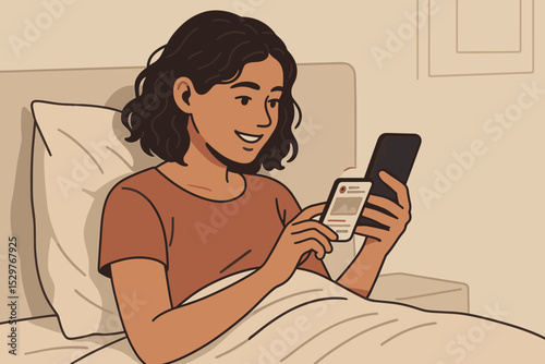 Woman scrolling social media on her smartphone in bed. Happy girl using phone late at night, browsing internet. Concept of digital lifestyle, communication, relaxation, tech addiction.