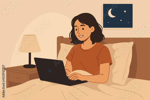 Young woman using laptop computer in bed at night. Female working from home, studying or surfing internet in cozy bedroom. Concept of remote work, freelance, leisure and relaxation.