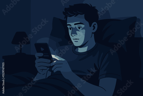 Man in bed at night using smartphone. Concept for insomnia, phone addiction, doomscrolling, and loneliness. Teenager suffers from sleep problems due to social media and blue light.