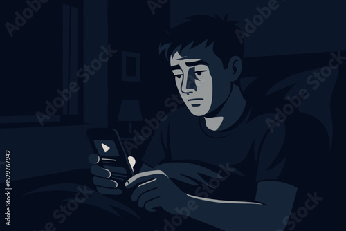 Man with insomnia using smartphone in bed at night. Sad, lonely person doomscrolling. Concept of phone addiction, depression, anxiety, and mental health issues. Sleeplessness.