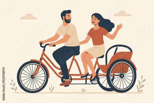 Happy couple on a romantic date riding a side-by-side tandem bicycle. Man and woman enjoying an outdoor adventure. Love, relationship, and togetherness concept vector illustration.