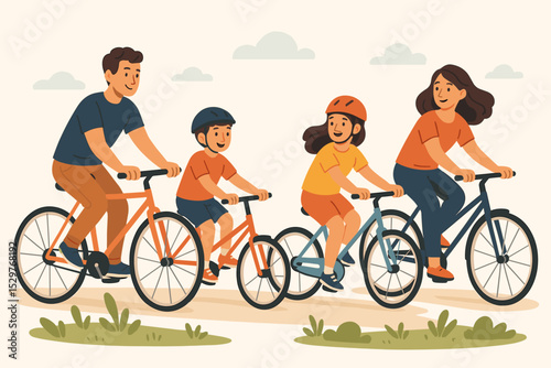 Happy family on a bike ride. Mother, father, son, and daughter cycling together outdoors. Parents and kids on bicycles. Healthy lifestyle, summer leisure, and recreation concept illustration.