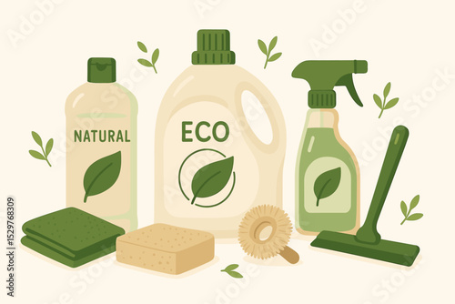 Set of eco friendly cleaning products and tools. Green household supplies for sustainable living. Natural organic detergent, spray, sponge, brush and squeegee vector illustration.
