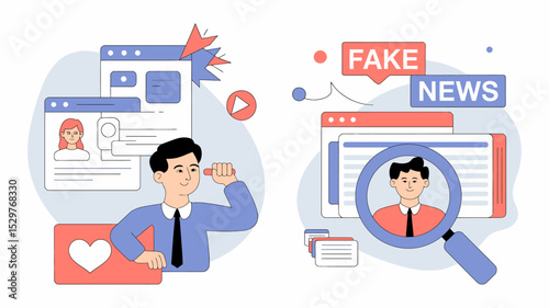 Fake news detection and verification online using social media and fact checking illustration concept editable stock vector illustration
