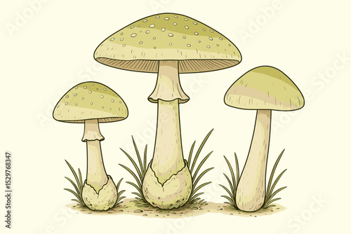 Death cap mushroom illustration, Amanita phalloides. Set of toxic, poisonous wild fungi. Botanical vector drawing of deadly toadstools. Dangerous inedible fungus in nature.