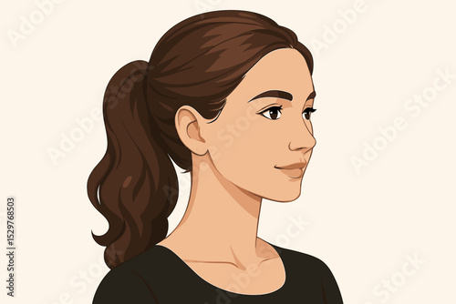 Elegant woman profile with brown ponytail hairstyle. Beautiful young girl side view portrait. Vector illustration for beauty salon, cosmetics, hair care or user avatar concept.