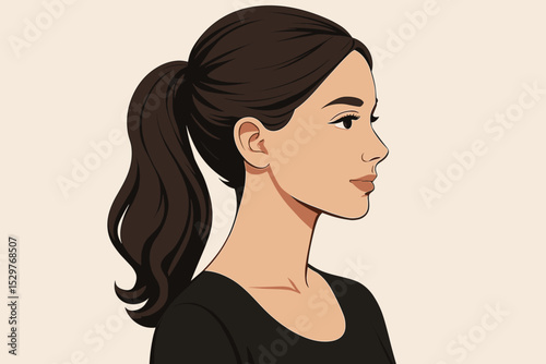Beautiful young woman profile portrait with elegant ponytail hairstyle. Brunette girl side view vector illustration. Female character avatar for beauty salon, cosmetics, skincare.