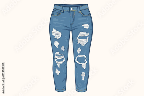 Blue ripped denim jeans vector illustration. Women's high-waisted skinny pants with holes. Distressed trendy casual fashion apparel. Vector graphic of female trousers isolated.