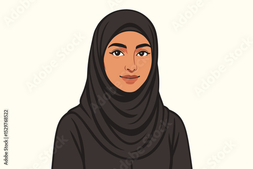 Beautiful Muslim woman portrait in black hijab vector illustration. Modern Arabic female person headshot. Young Islamic girl avatar. Concept for cultural diversity and empowerment.