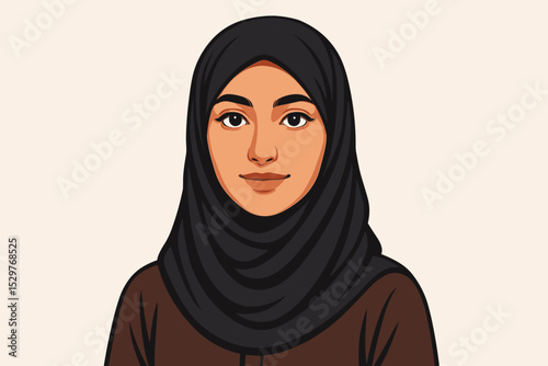 Portrait of a beautiful young Muslim woman wearing a black hijab. Vector illustration of a modern Arab girl character. Headshot avatar for concepts of diversity, empowerment, Islamic culture.