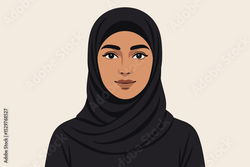 Beautiful Muslim woman in black hijab vector portrait. Modern flat illustration of an Arabic female. Islamic culture, diversity, religion, and empowerment concept. User avatar.