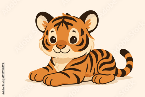 Cute tiger cub cartoon character lying down. Adorable happy baby animal relaxing. Vector illustration of a smiling wild cat. Jungle mascot for kids, nursery, children's book.