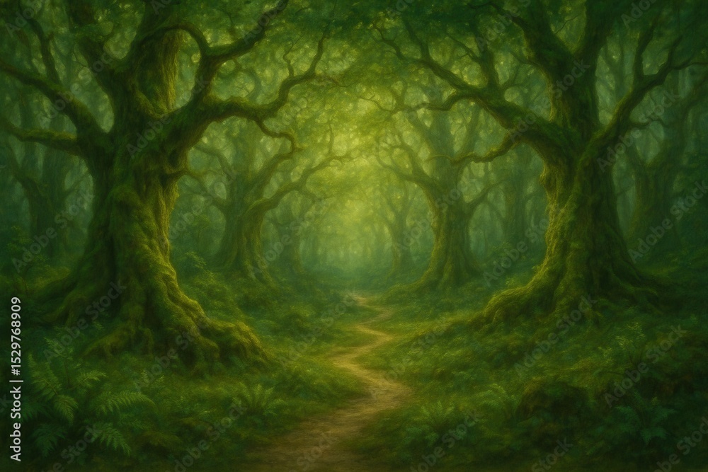 Naklejka premium Enchanting Fairytale Forest Path Leading Through Giant Ancient Trees with Lush Green Vegetation and Magical Light Filtering Through the Canopy Digital Painting Background