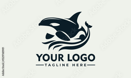 Dynamic black and white illustration of a powerful orca whale leaping energetically above stylized ocean waves. Marine life concept