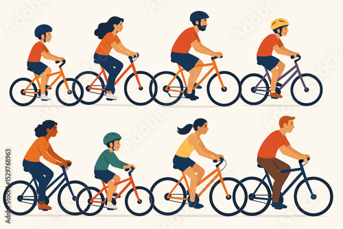 Set of diverse people riding bicycles. Active family cycling. Men, women, and children on bikes. Outdoor recreational activity for health and fitness. Side view vector illustration.
