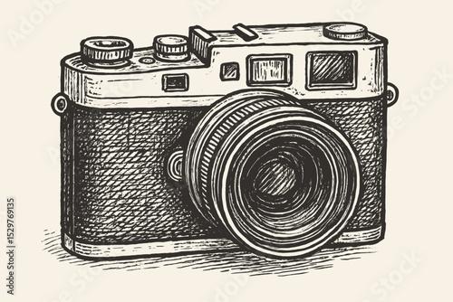 Retro camera vector illustration in hand drawn sketch style. Vintage analog photography equipment with lens. Isolated old film camera in a classic engraving, linocut graphic.