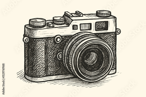 Vintage camera hand-drawn sketch illustration. Retro photo camera in an engraving, ink drawing style. Classic analog photography equipment for hobby or art. Nostalgic isolated vector.