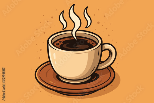 Steaming coffee cup cartoon vector illustration. Hot morning espresso or americano beverage in a mug on a saucer. Isolated icon for cafe menu, coffee shop logo or breakfast.