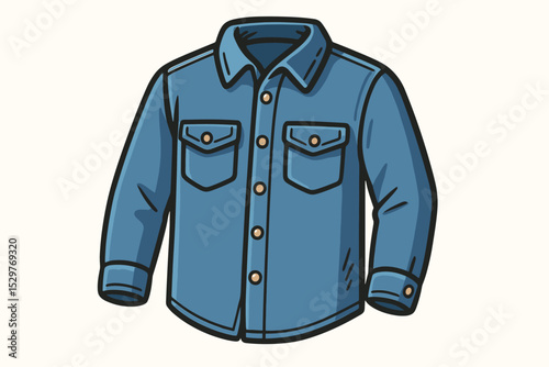 Denim shirt cartoon vector illustration. Blue long sleeve button-down jacket icon. Fashion clothing, apparel concept. Casual workwear or western style graphic isolated on white.