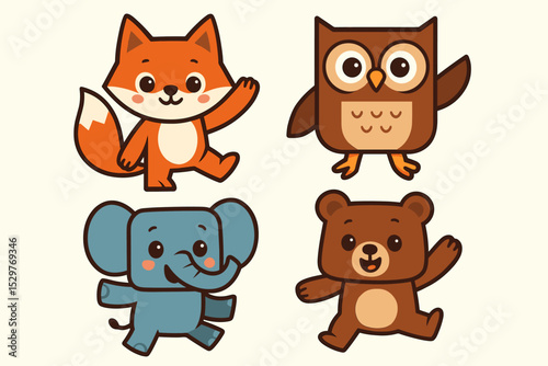 Set of cute running animal characters. Happy cartoon fox, owl, elephant, and bear. Kawaii geometric style vector illustration. Collection for kids, nursery, baby shower, or mascot design.